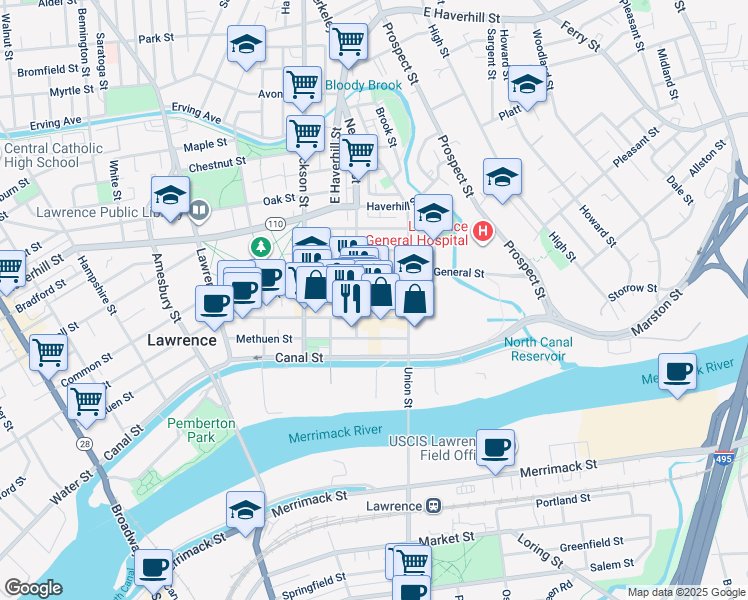 map of restaurants, bars, coffee shops, grocery stores, and more near 13 Newbury Street in Lawrence