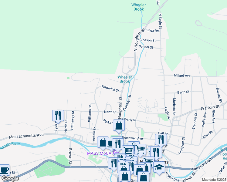 map of restaurants, bars, coffee shops, grocery stores, and more near 28 Frederick Street in North Adams