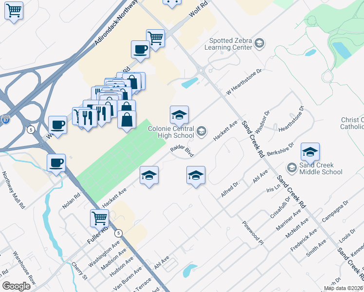 map of restaurants, bars, coffee shops, grocery stores, and more near 1 Raider Boulevard in Albany