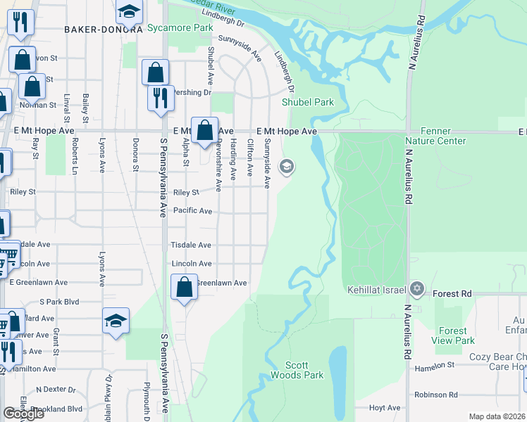 map of restaurants, bars, coffee shops, grocery stores, and more near 2301 Clifton Avenue in Lansing
