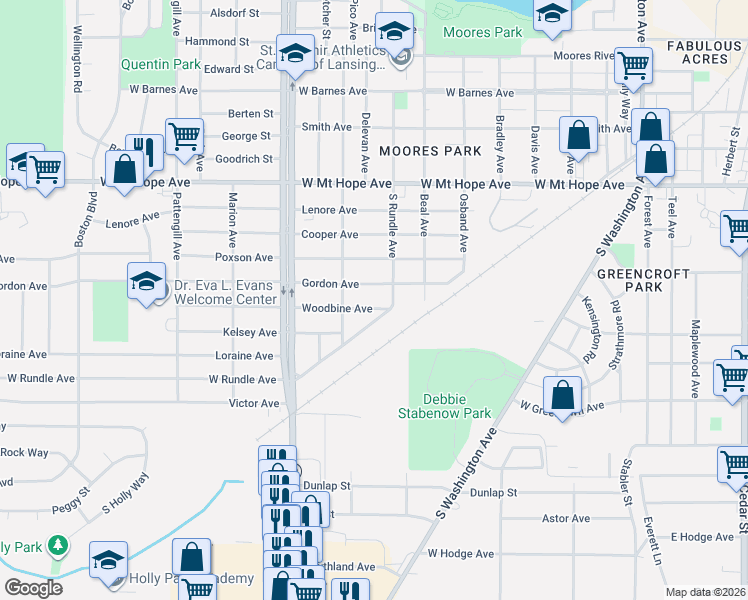 map of restaurants, bars, coffee shops, grocery stores, and more near 819 Woodbine Avenue in Lansing