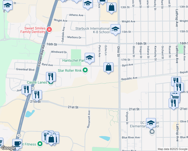 map of restaurants, bars, coffee shops, grocery stores, and more near 1857 Roosevelt Avenue in Racine