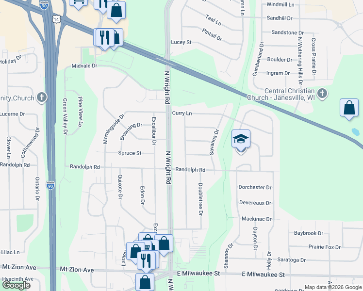 map of restaurants, bars, coffee shops, grocery stores, and more near 2107 Meadowlark Drive in Janesville