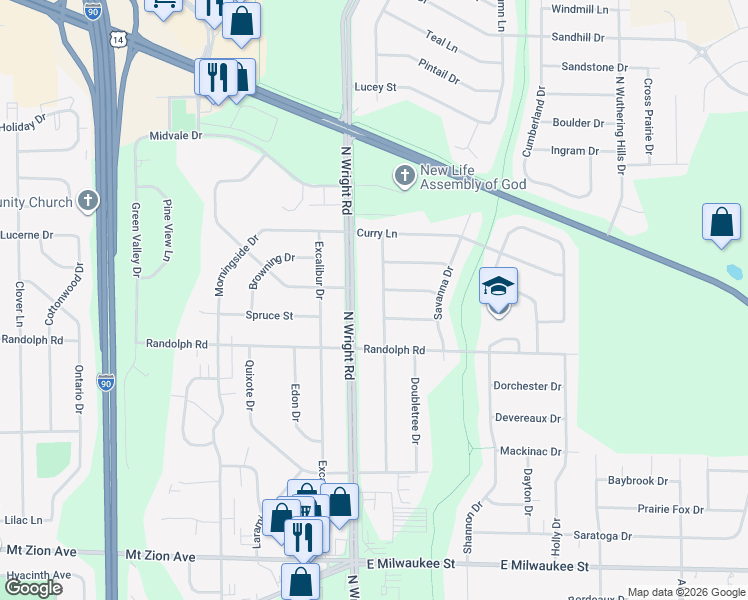 map of restaurants, bars, coffee shops, grocery stores, and more near 2107 Meadowlark Drive in Janesville