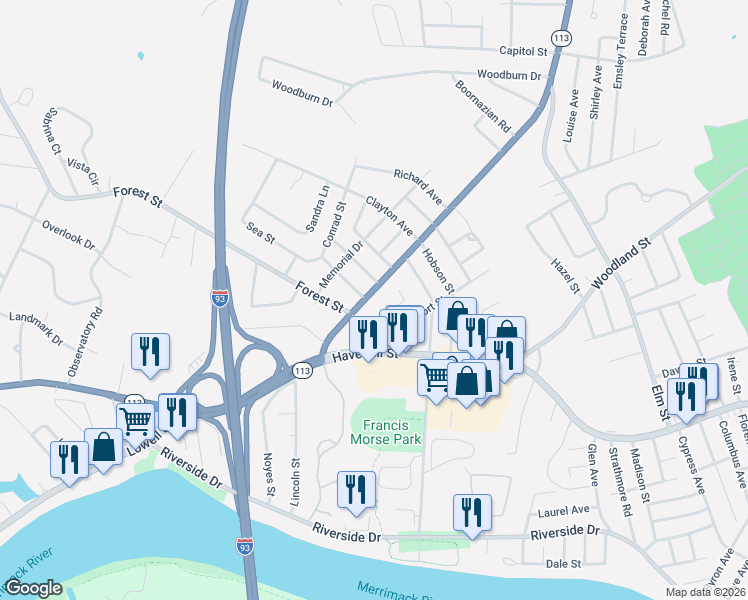 map of restaurants, bars, coffee shops, grocery stores, and more near 15 Forest Street in Methuen