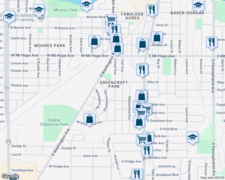 map of restaurants, bars, coffee shops, grocery stores, and more near 2305 Forest Avenue in Lansing