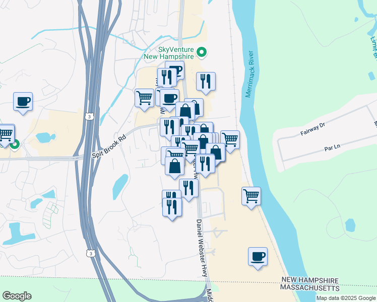 map of restaurants, bars, coffee shops, grocery stores, and more near 255 Daniel Webster Highway in Nashua