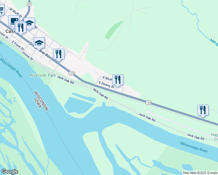 map of restaurants, bars, coffee shops, grocery stores, and more near 1000 East Dewey Street in Cassville