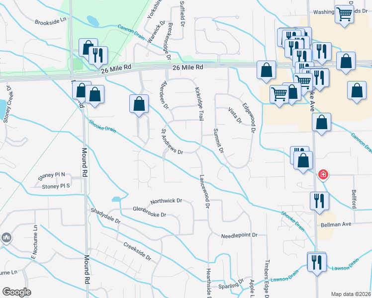 map of restaurants, bars, coffee shops, grocery stores, and more near 6836 Saint Andrews Drive in Macomb County