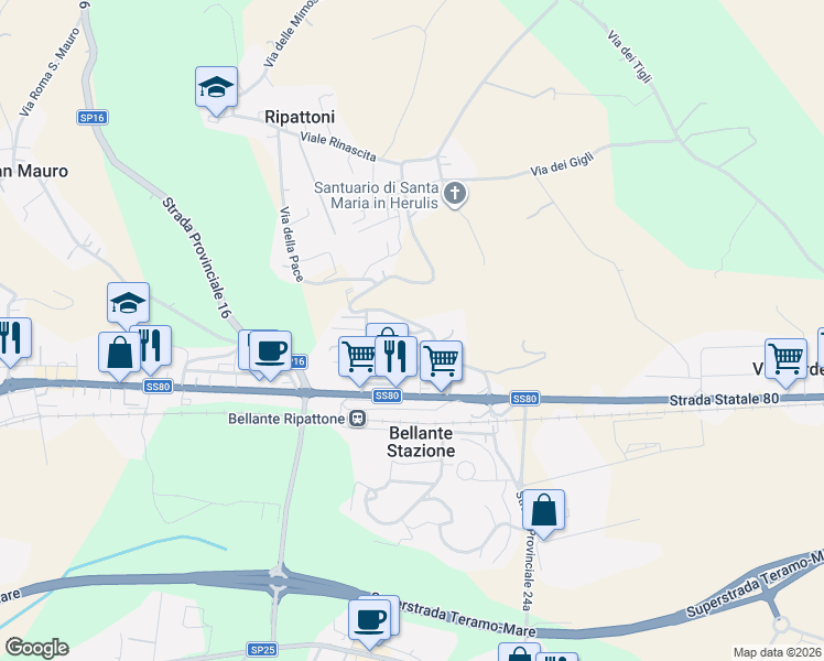 map of restaurants, bars, coffee shops, grocery stores, and more near 23 Via San D'Acquisto in Bellante Stazione