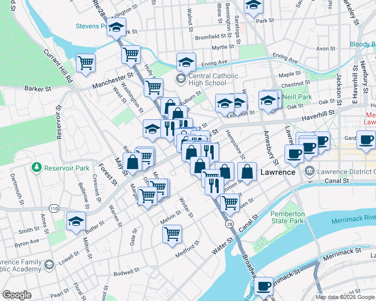 map of restaurants, bars, coffee shops, grocery stores, and more near 235 Broadway in Lawrence