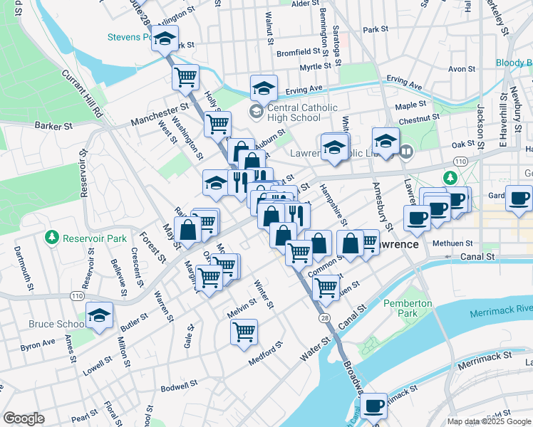 map of restaurants, bars, coffee shops, grocery stores, and more near 235 Broadway in Lawrence