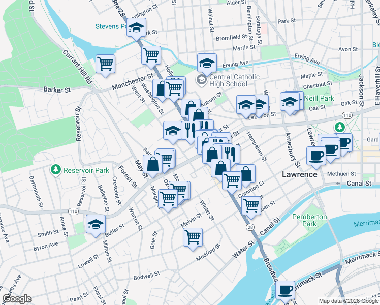 map of restaurants, bars, coffee shops, grocery stores, and more near 266 Broadway in Lawrence