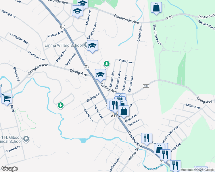 map of restaurants, bars, coffee shops, grocery stores, and more near 308 Spring Avenue in Troy