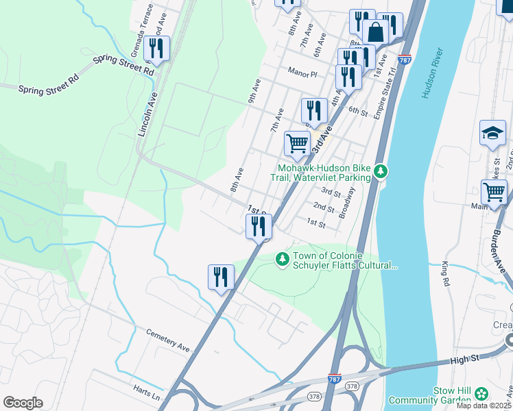 map of restaurants, bars, coffee shops, grocery stores, and more near 602 1st Street in Watervliet