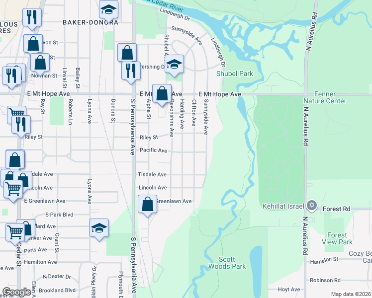 map of restaurants, bars, coffee shops, grocery stores, and more near 2304 Harding Avenue in Lansing