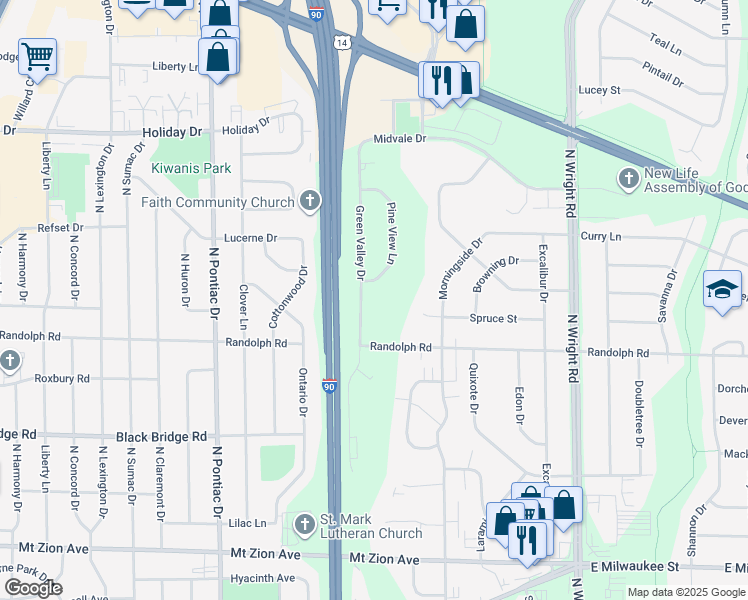 map of restaurants, bars, coffee shops, grocery stores, and more near 2031 Green Valley Drive in Janesville