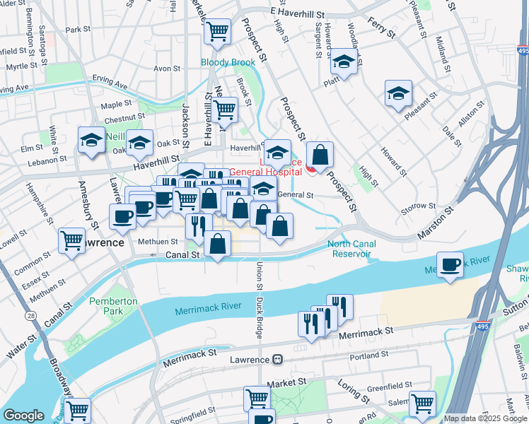 map of restaurants, bars, coffee shops, grocery stores, and more near 15R Union Street in Lawrence