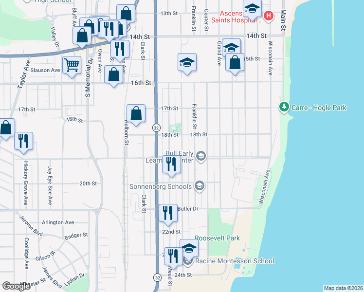 map of restaurants, bars, coffee shops, grocery stores, and more near 1823 Howe Street in Racine