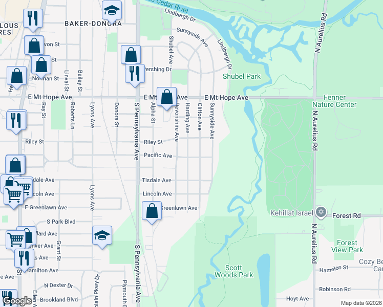 map of restaurants, bars, coffee shops, grocery stores, and more near 2304 Harding Avenue in Lansing