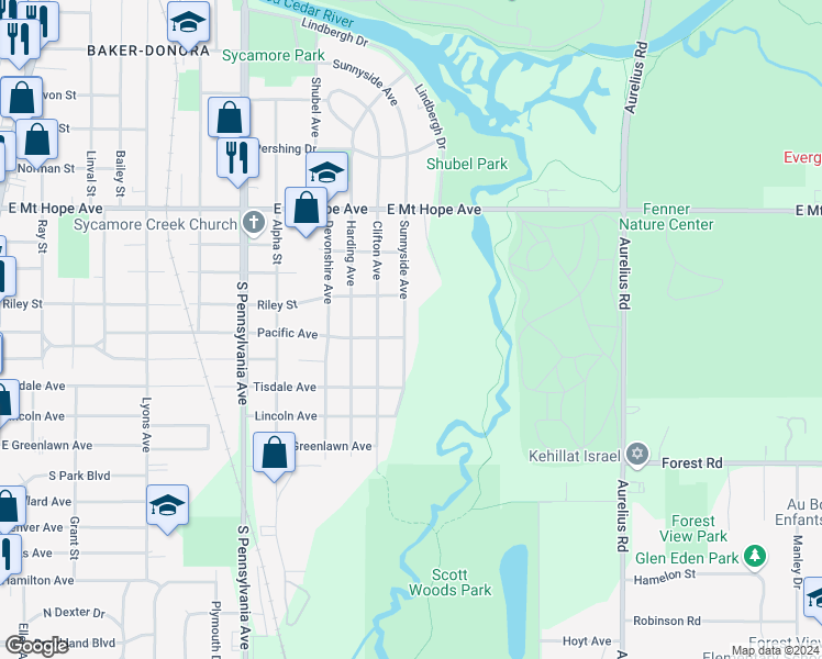 map of restaurants, bars, coffee shops, grocery stores, and more near 2215 Sunnyside Avenue in Lansing