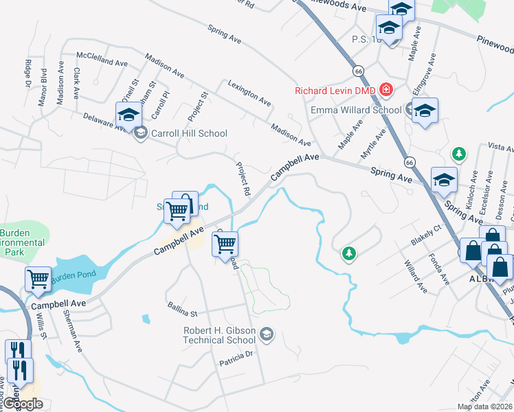 map of restaurants, bars, coffee shops, grocery stores, and more near 548 Campbell Avenue in Troy