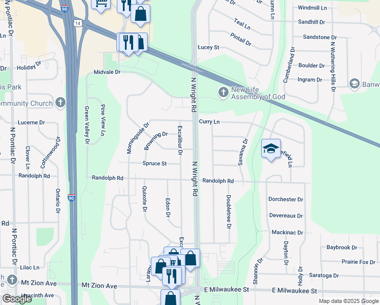 map of restaurants, bars, coffee shops, grocery stores, and more near 2105 North Wright Road in Janesville