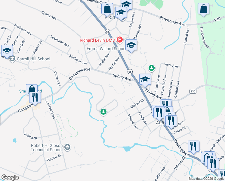 map of restaurants, bars, coffee shops, grocery stores, and more near 25 Heyden Road in Troy