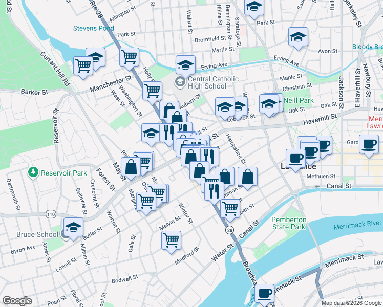map of restaurants, bars, coffee shops, grocery stores, and more near 235 Broadway in Lawrence