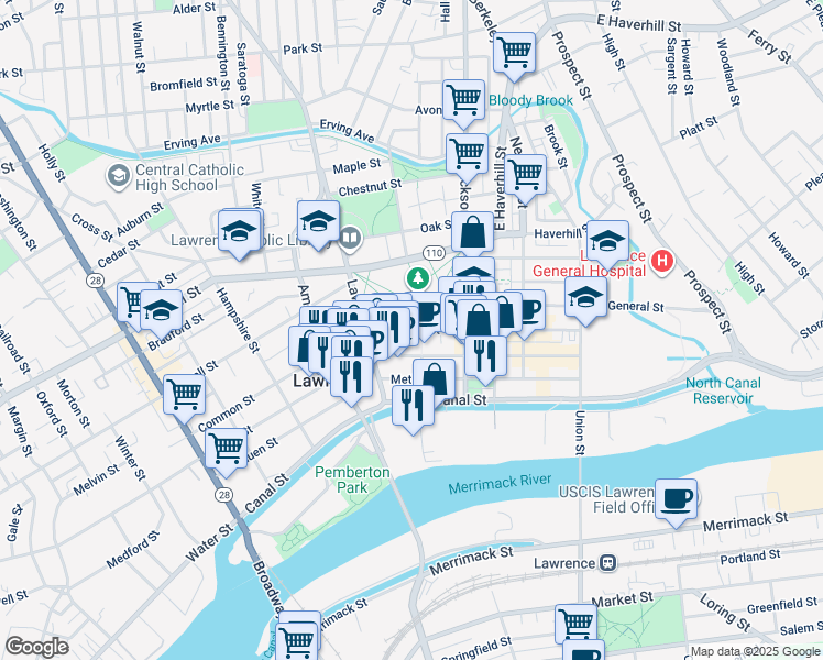 map of restaurants, bars, coffee shops, grocery stores, and more near 237 Essex Street in Lawrence
