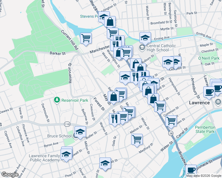 map of restaurants, bars, coffee shops, grocery stores, and more near 43 May Street in Lawrence