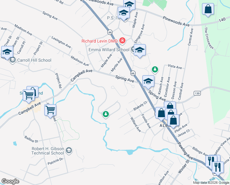 map of restaurants, bars, coffee shops, grocery stores, and more near 25 Heyden Road in Troy