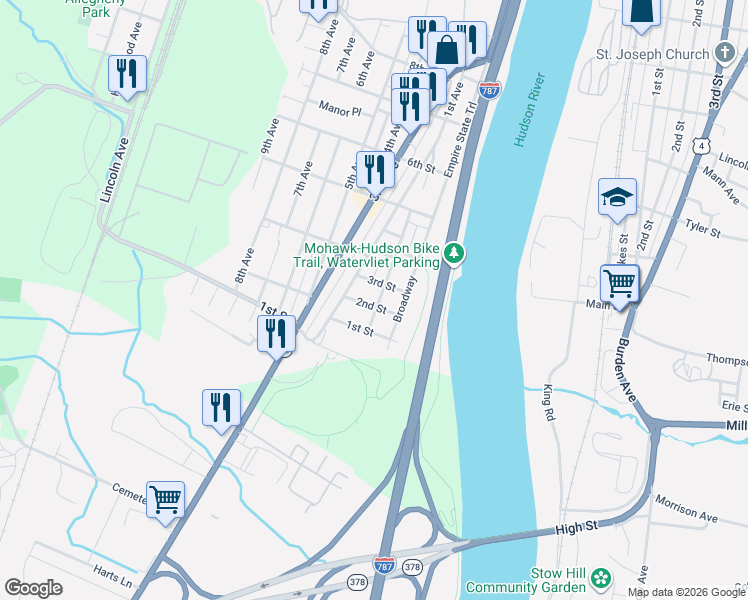 map of restaurants, bars, coffee shops, grocery stores, and more near 20 2nd Street in Watervliet