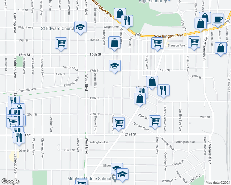 map of restaurants, bars, coffee shops, grocery stores, and more near 1832 Grange Avenue in Racine