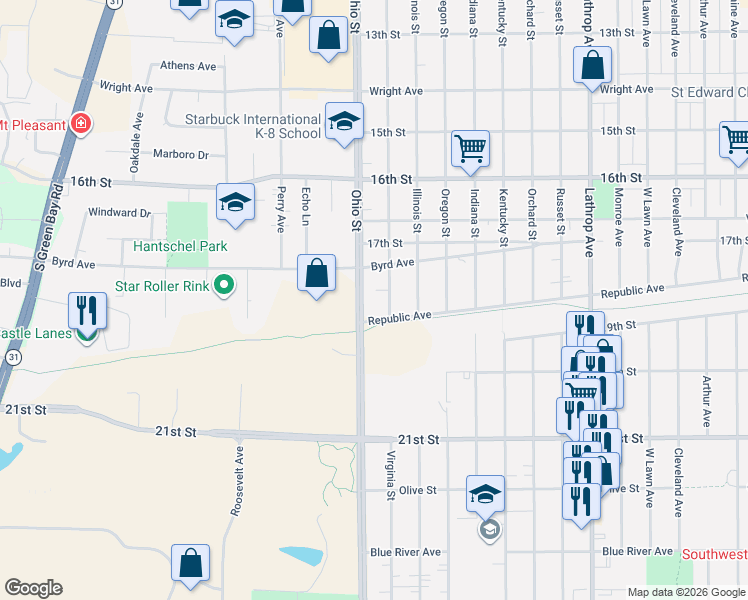 map of restaurants, bars, coffee shops, grocery stores, and more near 4618 Republic Avenue in Racine