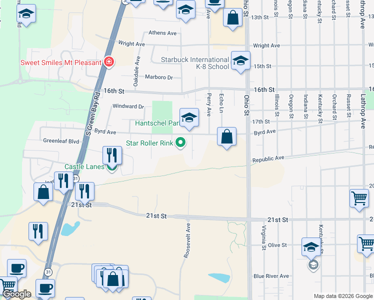 map of restaurants, bars, coffee shops, grocery stores, and more near 1856 Roosevelt Avenue in Racine