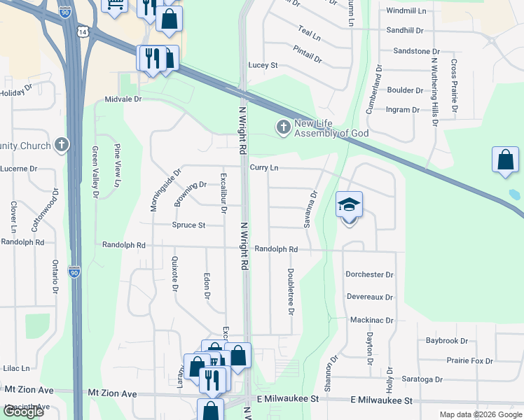 map of restaurants, bars, coffee shops, grocery stores, and more near 2107 Meadowlark Drive in Janesville