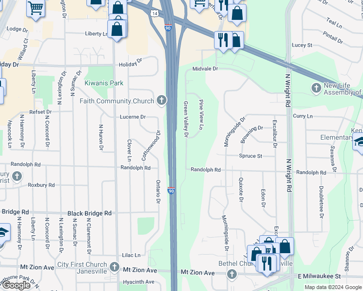 map of restaurants, bars, coffee shops, grocery stores, and more near 2031 Green Valley Drive in Janesville