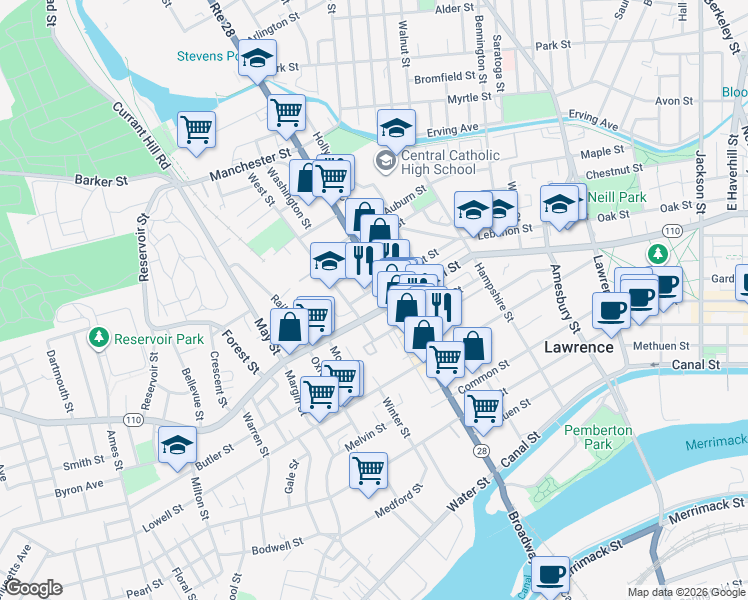 map of restaurants, bars, coffee shops, grocery stores, and more near 266 Broadway in Lawrence