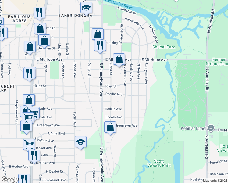 map of restaurants, bars, coffee shops, grocery stores, and more near 2310 Alpha Street in Lansing