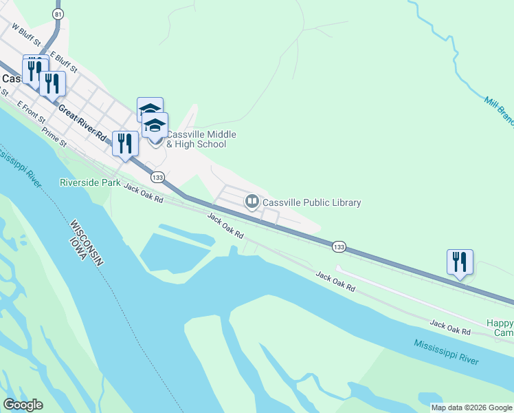map of restaurants, bars, coffee shops, grocery stores, and more near 1000 East Dewey Street in Cassville