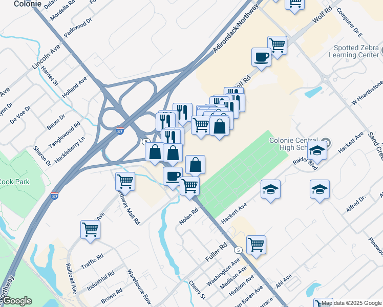 map of restaurants, bars, coffee shops, grocery stores, and more near 1425 Central Avenue in Albany