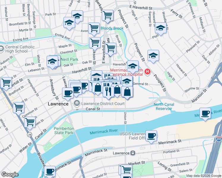 map of restaurants, bars, coffee shops, grocery stores, and more near 13 Newbury Street in Lawrence