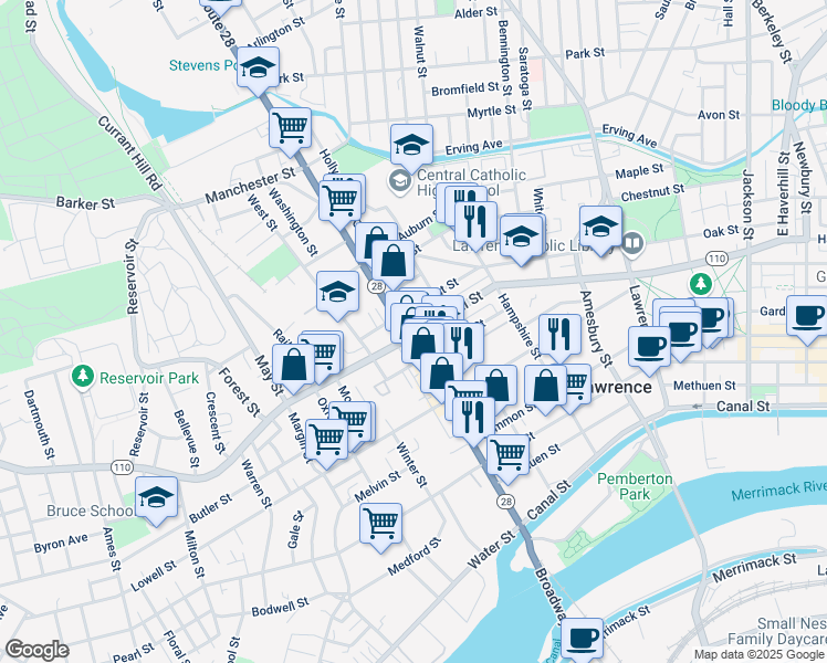 map of restaurants, bars, coffee shops, grocery stores, and more near 235 Broadway in Lawrence