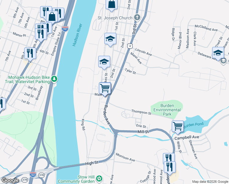 map of restaurants, bars, coffee shops, grocery stores, and more near 1 Winslow Avenue in Troy
