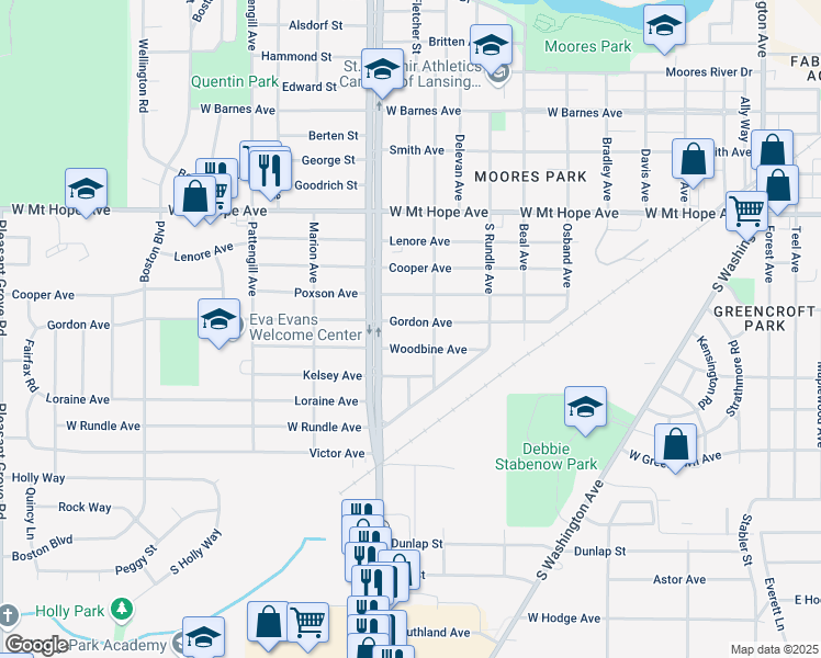 map of restaurants, bars, coffee shops, grocery stores, and more near 1007 Woodbine Avenue in Lansing