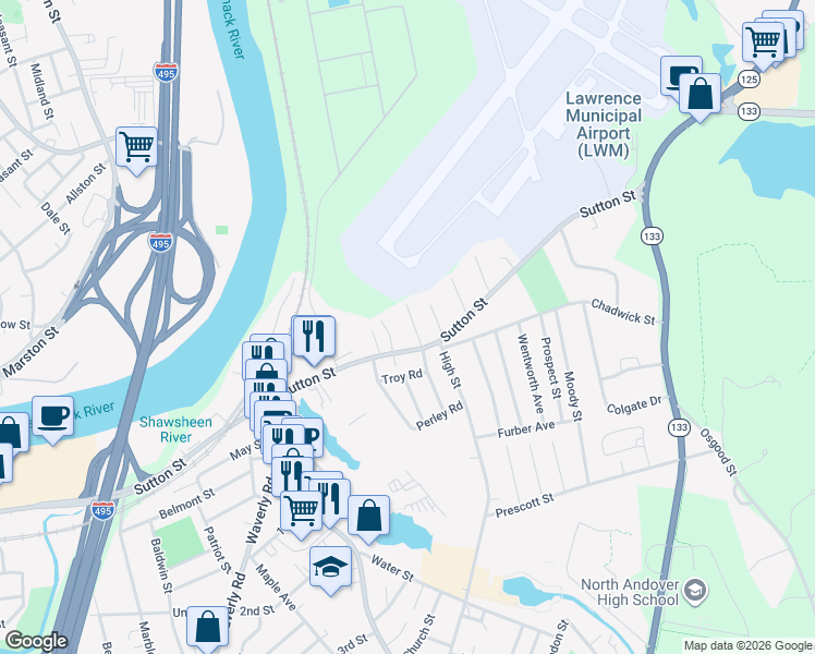 map of restaurants, bars, coffee shops, grocery stores, and more near 272 Sutton Street in North Andover