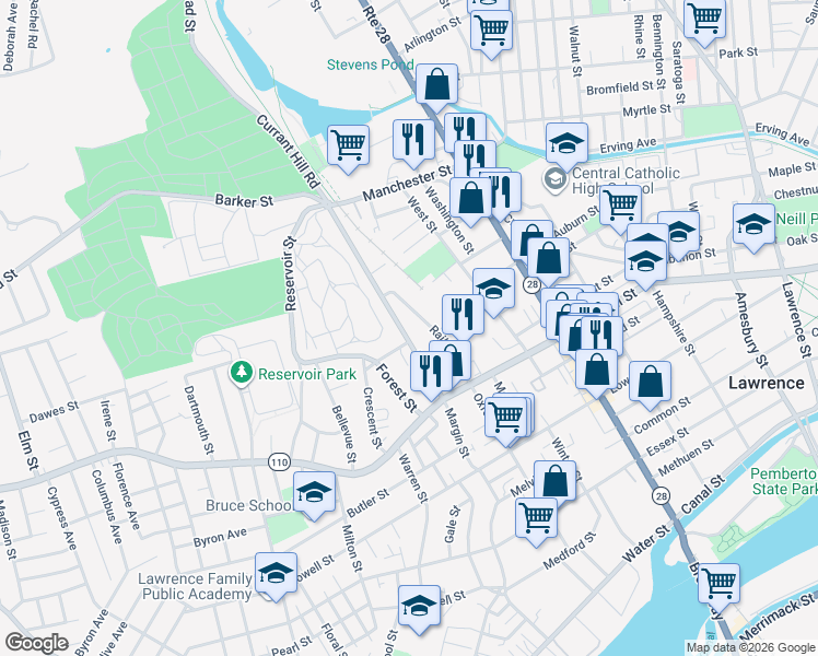 map of restaurants, bars, coffee shops, grocery stores, and more near 41 May Street in Lawrence