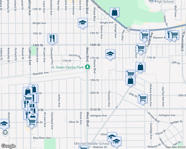 map of restaurants, bars, coffee shops, grocery stores, and more near 1808 Deane Boulevard in Racine