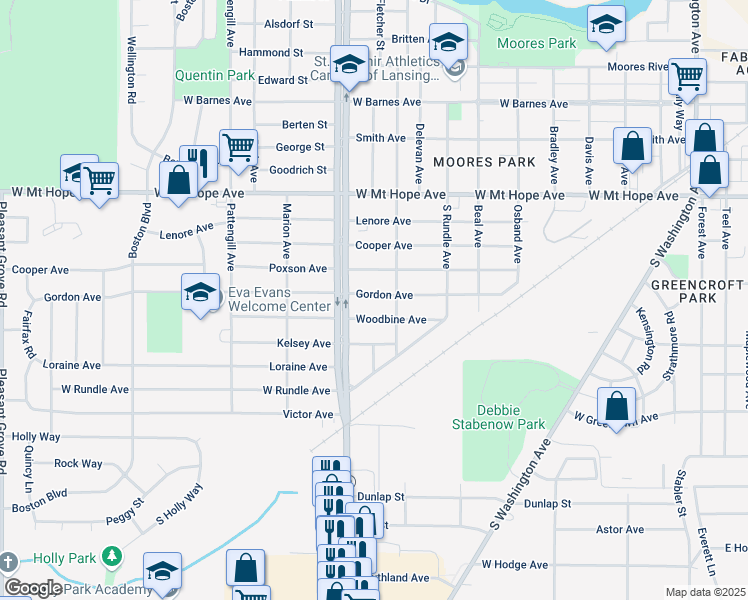 map of restaurants, bars, coffee shops, grocery stores, and more near 1007 Woodbine Avenue in Lansing
